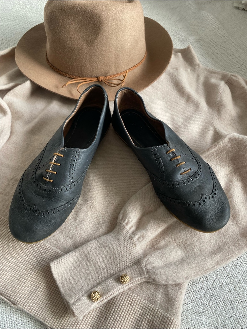 Poppy Barley Charcoal Grey Leather Wingtip Oxford Shoes 7.5 Brogue